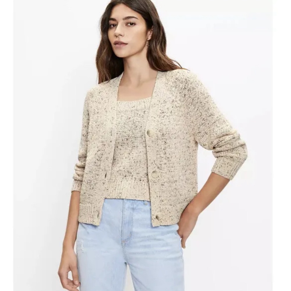 Loft Marled Button Front Cropped Cardigan Sweater Sz S + Tank Top Sz XS